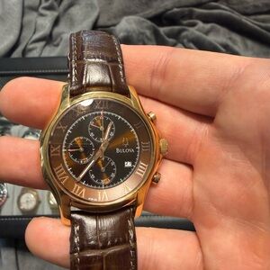 Bulova Rose Gold and Brown Chronograph Watch